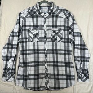 BKE Buckle Shirt Men’s XL  Plaid White Gray Blue Pearl Snaps Athletic Fit